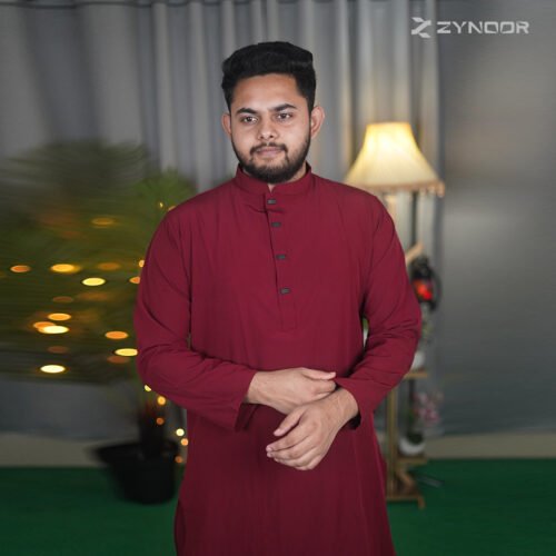 Zynoor Premium Microstitch Solid Panjabi – Maroon - Image 2