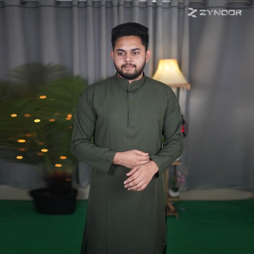 Zynoor Olive Microstitch Panjabi - Front Pose