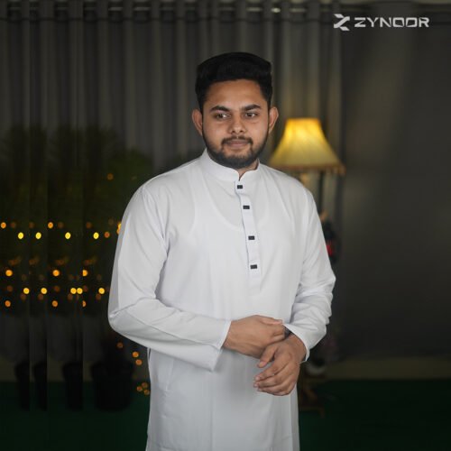 Zynoor White Microstitch Panjabi - Front View