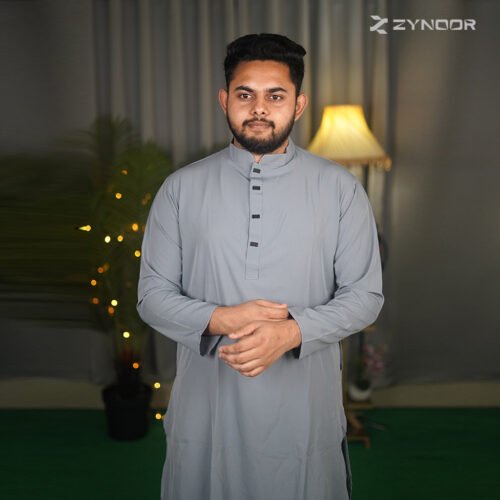 Zynoor Premium Microstitch Solid Panjabi – Ash - Image 2