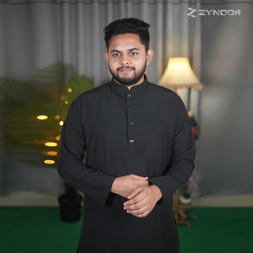 Zynoor Black Microstitch Panjabi - Front View