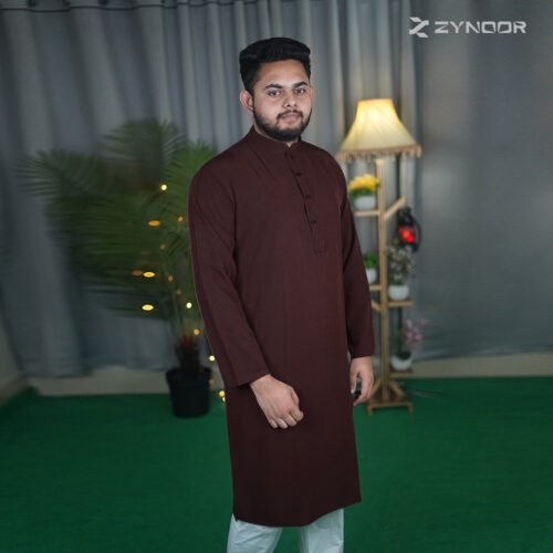 Zynoor Premium Microstitch Solid Panjabi – Coffee - Image 2