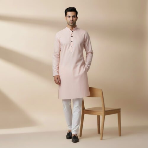 Zynoor Premium Microstitch Solid Panjabi – Pele Rose - Image 2