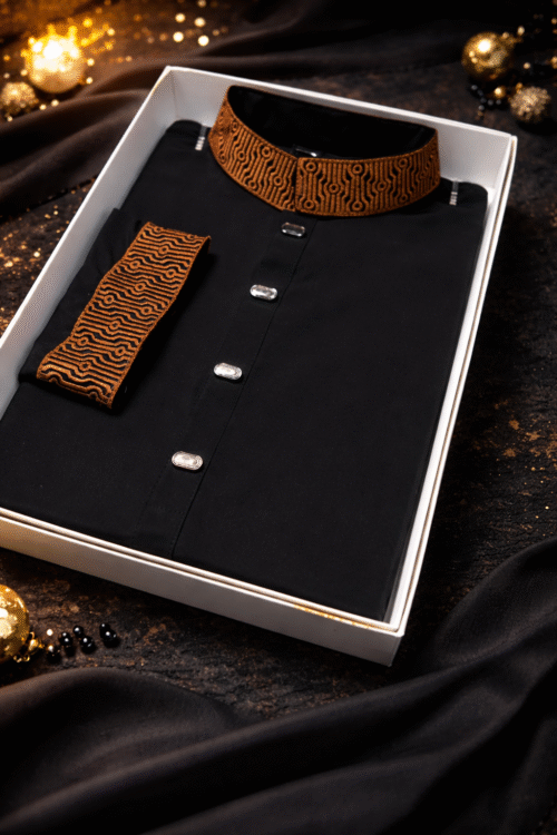 Zynoor China Micro Stitch Panjabi with Elegant Embroidery (Black)