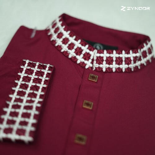 Zynoor China Micro Stitch Panjabi with Star Embroidery (Maroon) - Image 10