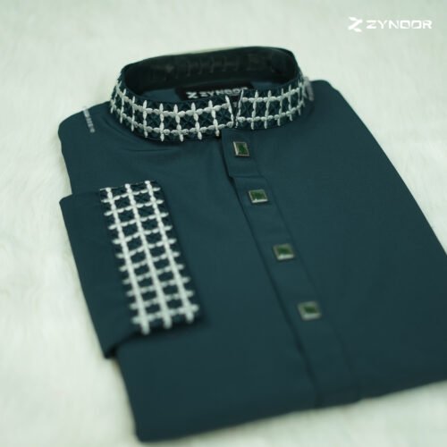 Zynoor China Micro Stitch Panjabi with Star Embroidery (DarkGreen) - Image 2