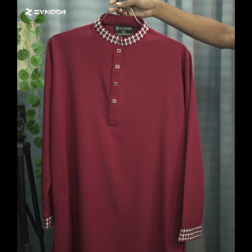 Zynoor China Micro Stitch Panjabi with Star Embroidery (Maroon) - Image 5