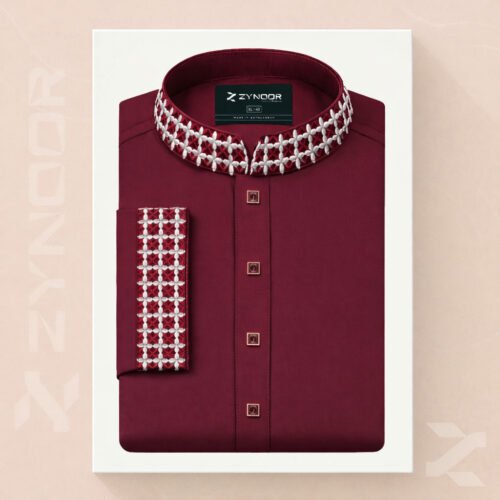 Zynoor China Micro Stitch Panjabi with Star Embroidery (Maroon)