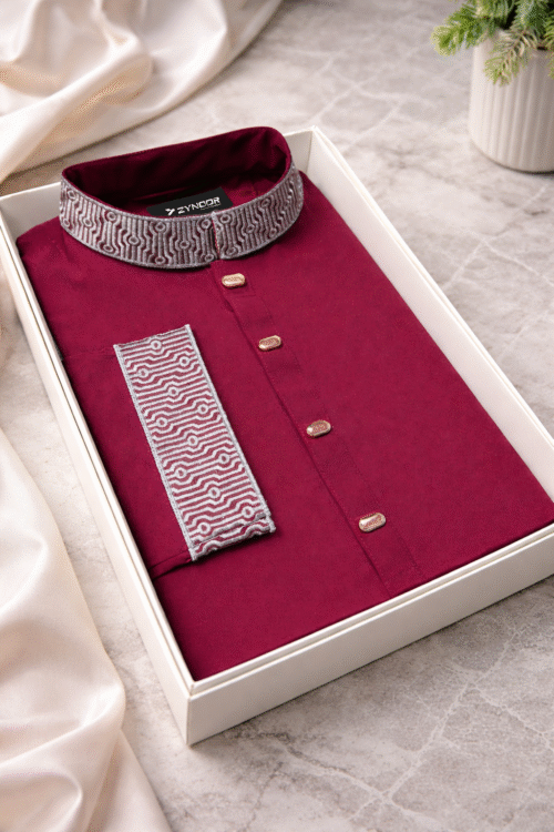 Zynoor China Micro Stitch Panjabi with Elegant Embroidery (Maroon)