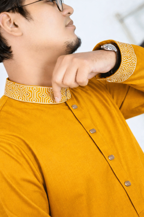 Zynoor China Micro Stitch Panjabi with Elegant Embroidery (Mustard Yellow) - Image 3