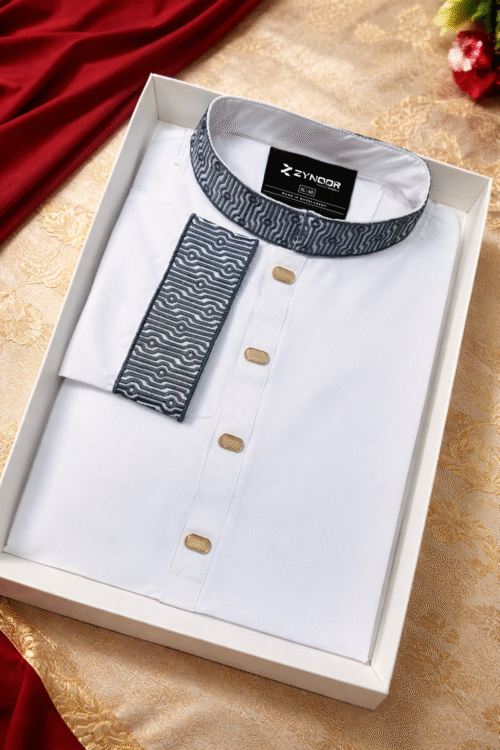 Zynoor China Micro Stitch Panjabi with Elegant Embroidery (White)