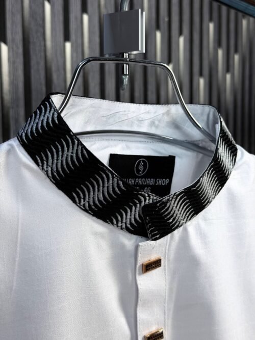 Smart Cotton Embroidery Panjabi – White (Black Embroidery) - Image 5