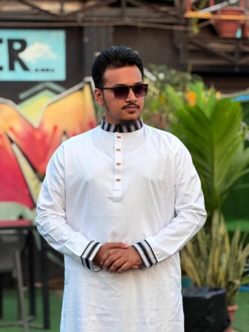 Smart Cotton Embroidery Panjabi – White (Black Embroidery)