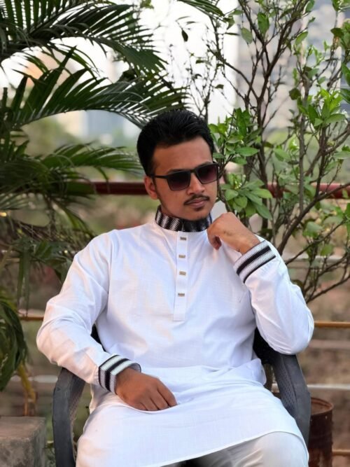 Smart Cotton Embroidery Panjabi – White (Black Embroidery) - Image 2